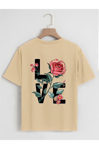 SOFTWAY Unisex Oversize Crew Neck Rose Love Printed Basic T-Shirt - ΜΠΕΖ