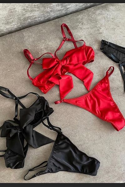 BLİSS WEAR FASHION Women's Red Black 2 Piece Set Satin Ribbon Detailed Fancy Underwear Set