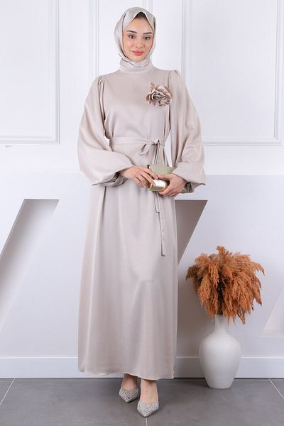İmajButik Βραδινό φόρεμα μπεζ με μπαλόνι πέτρινο σατέν