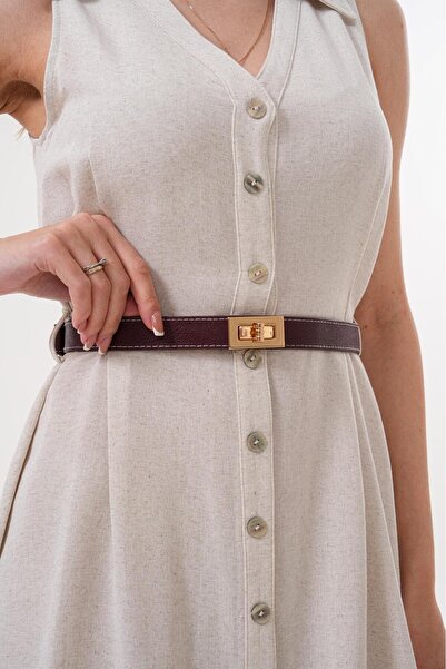 Descoin (Бордо) Заключен дамски колан със златна катарама, регулируем колан з...