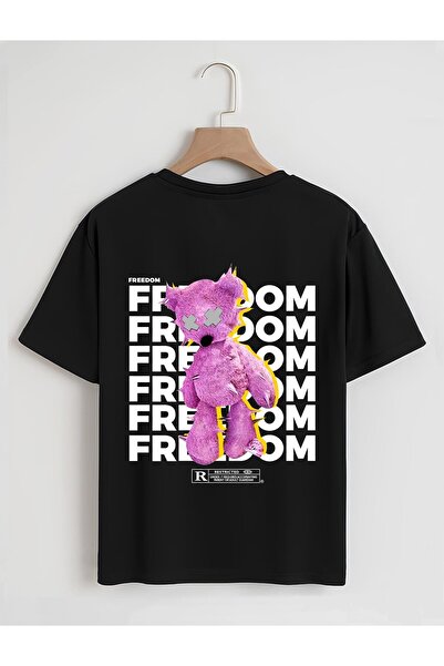 SOFTWAY Tricou de bază unisex organic oversize cu imprimeu Freedom - negru