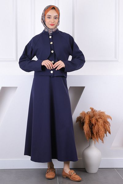 İmajButik Σκούρο μπλε μπουφάν με κουμπιά μπροστά με φούστα