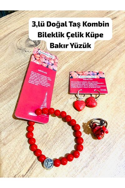 Bizde Ne Yok ki There Are 3 Model Options Natural Stone Combination Bracelet Steel Earrings Copper Ring