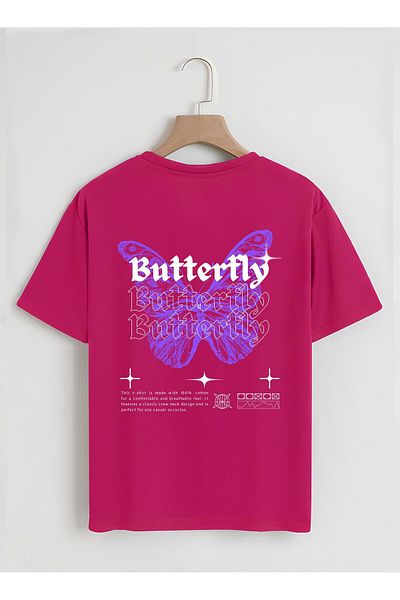 SOFTWAY Unisex Oversize T-Shirt FUCHIA Butterfly Printed Basic