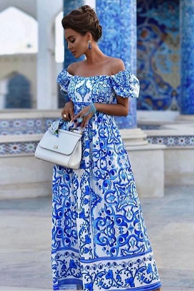 Stil Sepeti Rochie maxi cu mâneci cu balon cu model etnic cu guler pătrat albastru pentru femei ASP- 1000654520