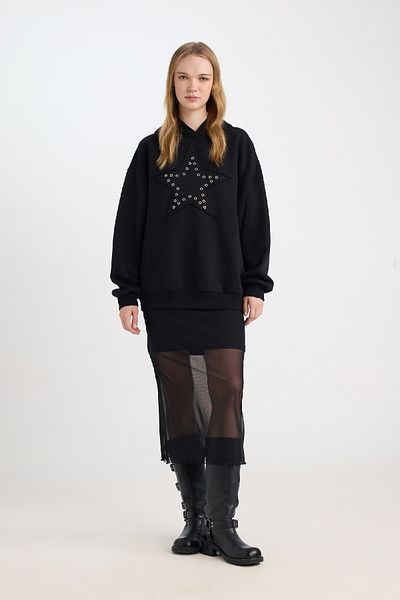 DeFacto Coool Oversize Wide Fit Starry Thick черен суичър D8024Ax24Wn