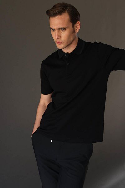 Desen Triko Ανδρικό μπλουζάκι Polo Neck Pique Mercerized Μαύρο