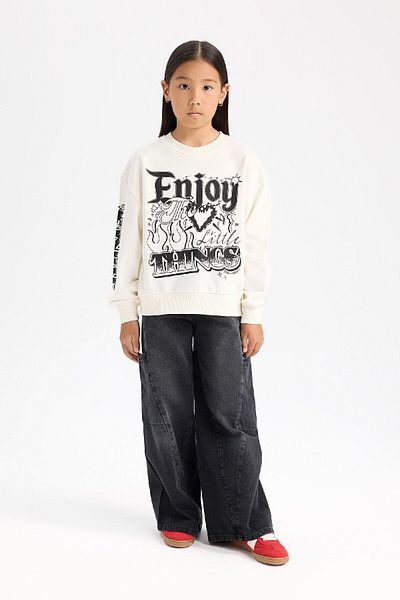 DeFacto Girl's Oversize Wide Fit Crew Neck Printed Sweatshirt D6629A824Au