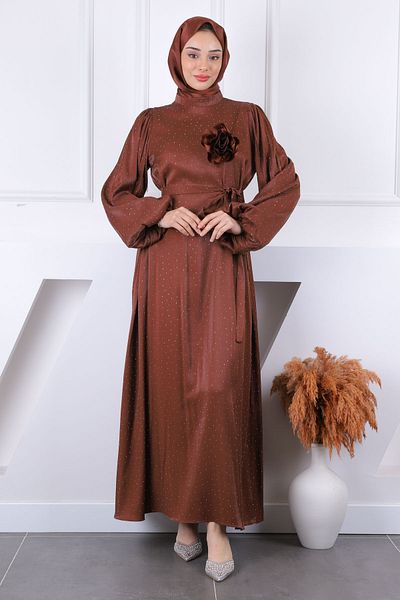 İmajButik Βραδινό φόρεμα σατέν με πέτρινο μανίκι καφέ μπαλόνι