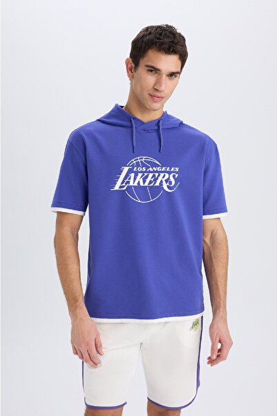 DeFacto Fit Nba Los Angeles Lakers Oversize Geniş Kalıp Kapüşonlu Sırt Baskılı Kısa Kollu Tişört B389