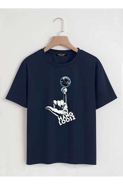 SOFTWAY Unisex Oversize Crew Neck Hang Loose Basic T-Shirt - ΣΚΟΥΡΟ ΜΠΛΕ