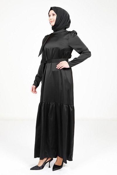 Beyza Shoulder Detailed Belted Black Color Satin Hijab Dress 5591