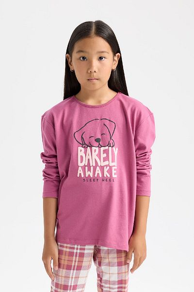 DeFacto Bedrucktes Langarm-Pyjama-Set für Mädchen – Oberteil mit elastischem Bund D7740A824WN