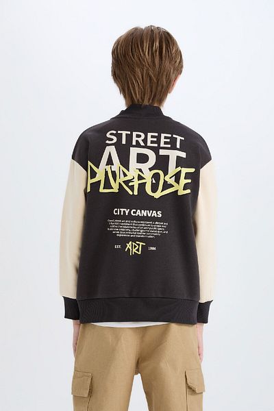 DeFacto Boy's Bomber Cardigan - College Collar, Back Print, Snap Closure D7214A824Cw