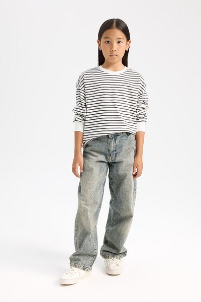 DeFacto Girl's Relax Fit Crew Neck Striped Sweatshirt D6503A8Ns