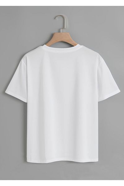 SOFTWAY Tricou de bază unisex oversize cu decolteu cu imprimeu Adventure - ALB