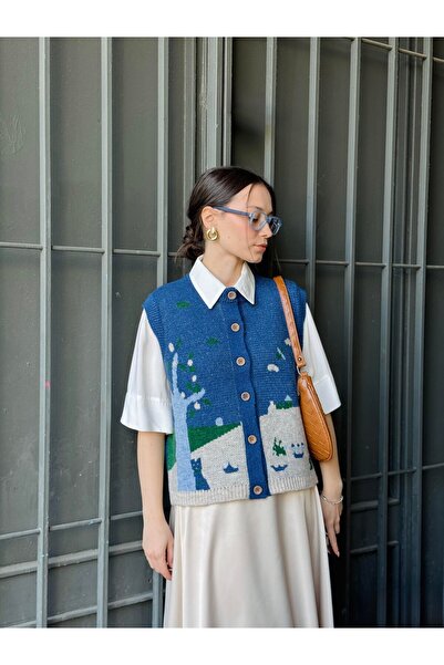 Retrobird Tasarım Doğa Temalı Yelek Kadın İndigo