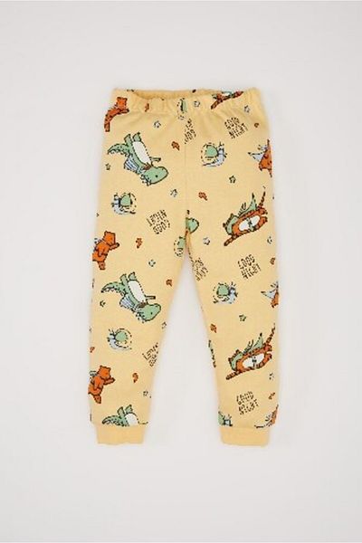 DeFacto Baby Boy Pajamas Set - Crew Neck, Dinosaur Print, Long Sleeve, Elastic Waist, Long Bottom D7143A