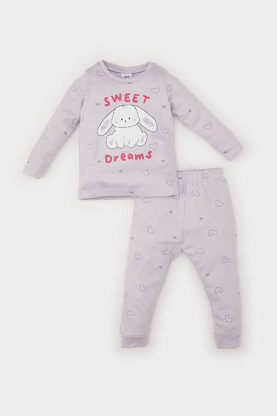 DeFacto Baby Girl Pajamas Set with Rabbit Print - Long Sleeve, Elastic Waist, Long Bottom D7163A524Wn