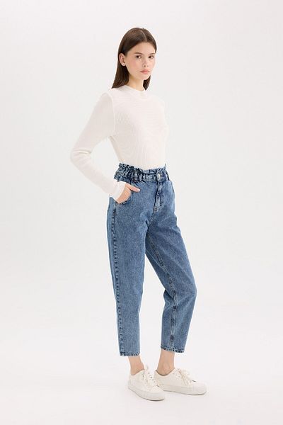 DeFacto Pungă de hârtie, cu talie înaltă, cu talie elastică, ușoare, cu picior drept, pantaloni spălați din denim 3194595