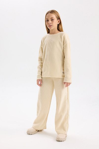 DeFacto Dívčí sada pyžama - Fleece s výstřihem, dlouhým rukávem, základní pevná horní a spodní část D7745A824Wn