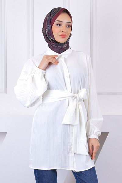 İmajButik Ecru Waist Belted Tunic