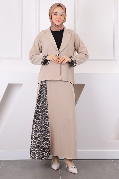 İmajButik Σετ μπουφάν με μπεζ λεοπάρ σχέδιο με φούστα