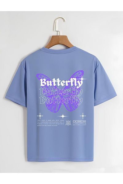 SOFTWAY Unisex Oversize Crew Neck Butterfly Basic T-Shirt - ΜΠΛΕ