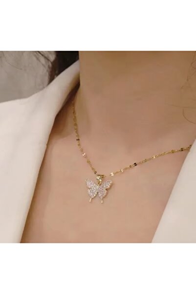 HOBİSY GIFT SHOP Taşlı Kelebek Kolye – Altın Kaplama Şık Kadın Çelik Kolye