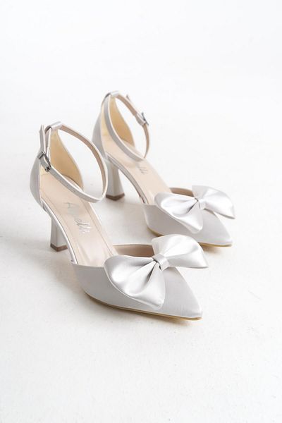 ALPELLİ ByAlp Women's Silver Satin Bow Buckle Goblet Thin Heel Stylish Evening Dress Shoes