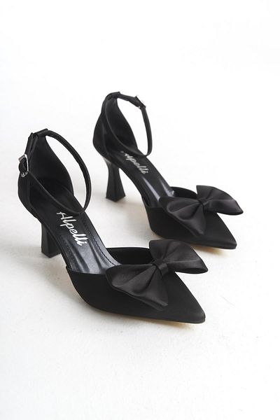 ALPELLİ ByAlp Women's Black Satin Bow Buckle Goblet Thin Heel Stylish Evening Dress Shoes