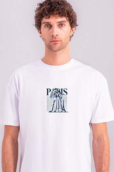 Lebeni Erkek Beyaz Pamuk Tişört – Paris Eyfel Kulesi ve Sevgili Temalı Retro ...