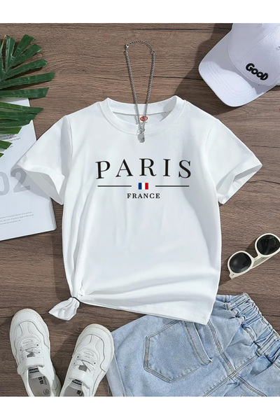 Eysaah Tricou premium cu guler de bicicletă imprimat Paris Franța pentru copii