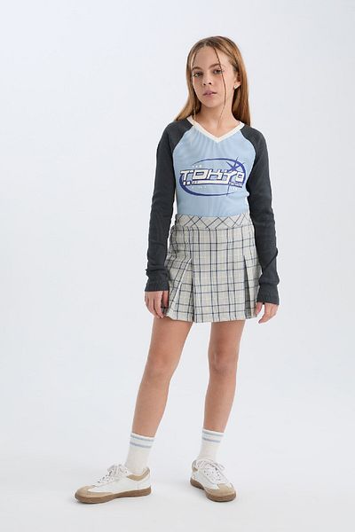 DeFacto Tricou cu mânecă lungă pentru fete, slim fit, cu decolteu în V, imprimat, cu nervuri D6991A824WN