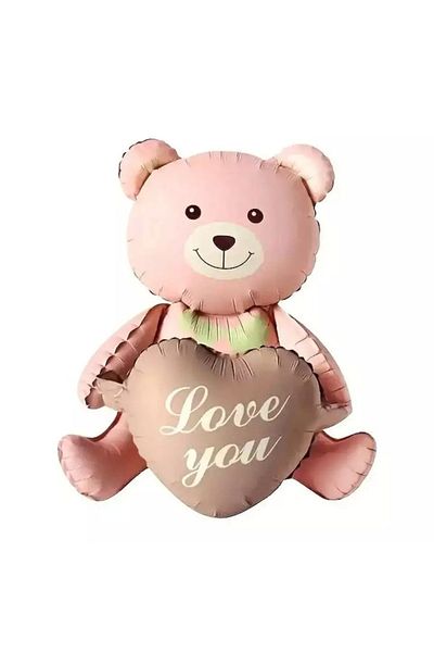 DÜVENCİ TİCARET Matte Pink Teddy Bear Holding Brown Heart Foil Balloon