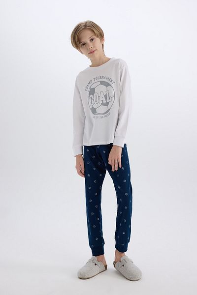 DeFacto Pyjama-Set für Jungen – Rundhalsausschnitt, bedruckte lange Ärmel, Oberteil mit gemusterter Unterseite D5215a824wn
