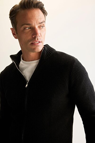 DeFacto Waffel-Cardigan mit normaler Passform, halber Rollkragenpullover und Reißverschluss, R1195azns