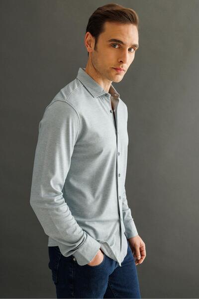 Desen Triko Cămașă gri pentru bărbați cu mânecă lungă