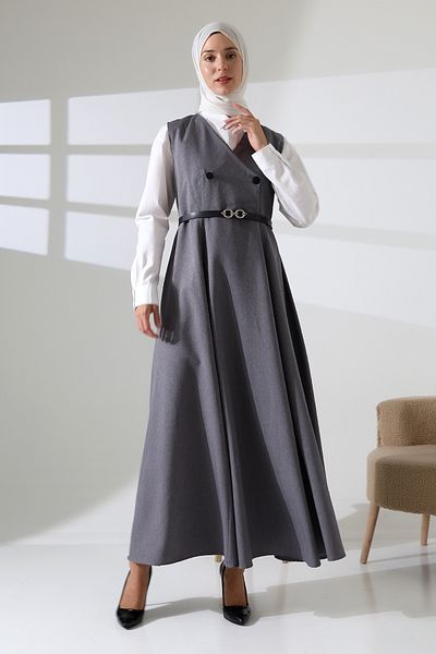 Mihran Butik Γυναικείο φόρεμα με υφαντό κουμπιά και ζώνη Antresite Gilet