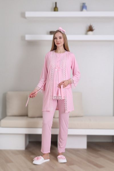Lohussa Women's Pink Lace Special Design Cotton Maternity Maternity Dressing Gown Pajama Set Set of 3