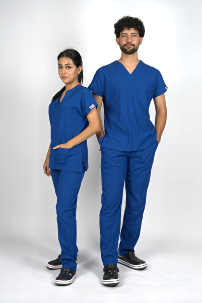 SEZA TEKSTİL Saks Mavi Premium Flex Unisex Lycra Scrubs Doctor Asistent Unifo...