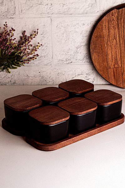 Snippy Luma Black - 8 Piece Tray Wooden Vacuum Lid Ceramic Breakfast Bowl Snack Bowl 300 ml