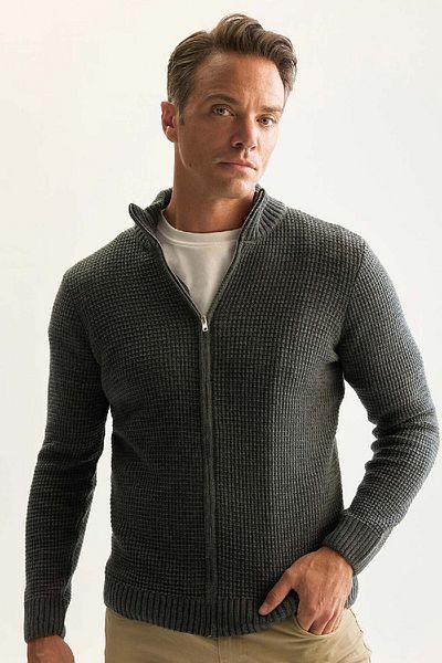 DeFacto Waffel-Cardigan mit normaler Passform, halber Rollkragenpullover und Reißverschluss, R1195azns