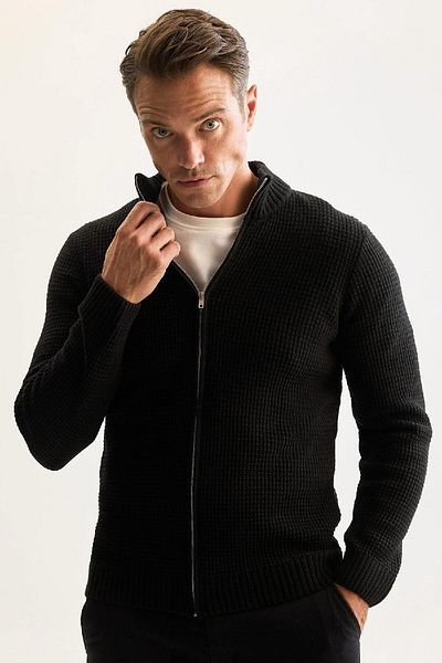 DeFacto Waffel-Cardigan mit normaler Passform, halber Rollkragenpullover und Reißverschluss, R1195azns