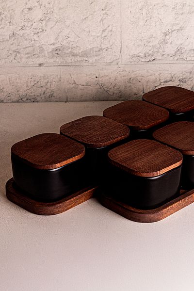 Snippy Luma Black - 10 Piece Tray Wooden Vacuum Lid Ceramic Breakfast Bowl Snack Bowl 300 ml