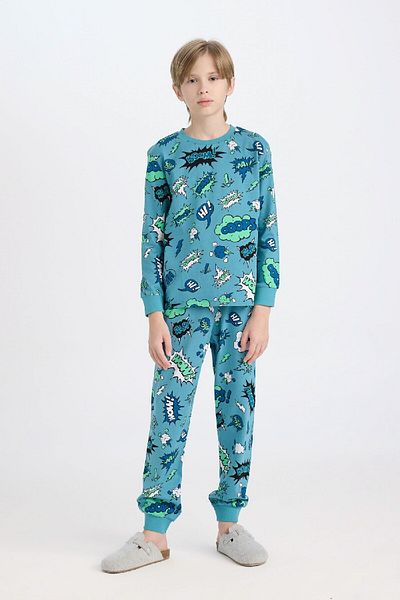DeFacto Costum de pijama pentru băieți Top cu mânecă lungă cu imprimeu cu talie elastică Fund lung D6322a824wn