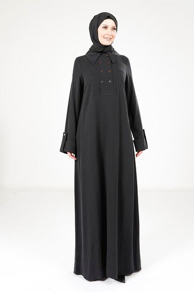 Beyza Grey-Black Dress Collar and Button Detail 9215 Model