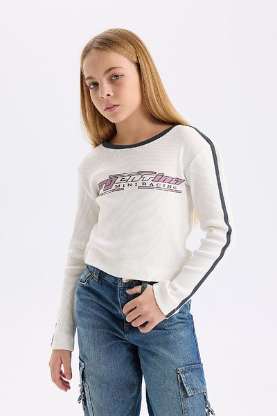 DeFacto Girl's Slim Fit Slim Fit Crew Neck Printed Ribbed Camisole Long Sleeve T-Shirt D6993A824Wn