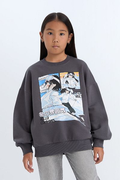 DeFacto Girls Oversize Wide Fit Crew Neck Printed Sweatshirt D7054A824Wn