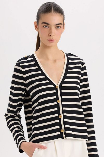 DeFacto V-Neck Striped Corded Cardigan - Buttoned, Regular Fit D5530Ax24Au